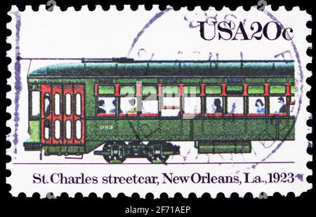 MOSCOW, RUSSIA - JANUARY 20, 2021: Postage stamp printed in United States shows Saint Charles Streetcar, serie, circa 1983 Stock Photo