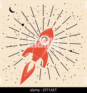 Rocket in outer space. Retro, astronaut in spacecraft. Vector illustration, vintage logo Stock Vector