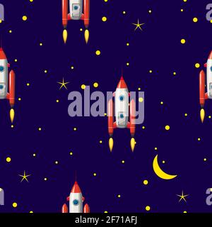 Seamless Rocket pattern, stars and space. Vector illustration ispalted cartoon style Stock Vector
