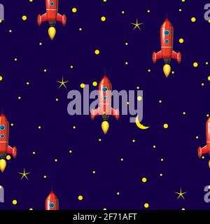 Seamless Rocket pattern, stars and space. Vector illustration ispalted cartoon style Stock Vector