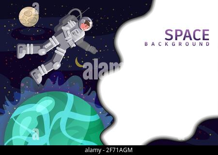 Space background card with spaceman, sun, planet, stars. Austronaut panoramic space template. Banner, vector, isolated cartoon flat style Stock Vector