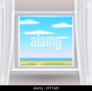 Window, view on landscape, spring, interior, curtains. Vector illustration template realistic Stock Vector