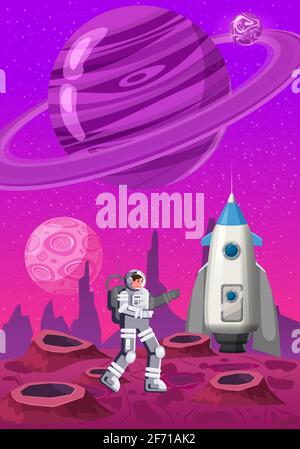 Astronaut exploring alien planet rocket. Cosmonaut scientific traveler character on a rocky surface in far galaxy. Cartoon flat style vector Stock Vector