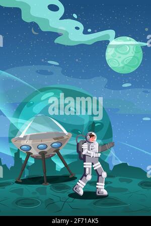 Astronaut exploring alien planet starship. Cosmonaut scientific traveler character on a rocky surface in far galaxy. Cartoon flat style vector Stock Vector
