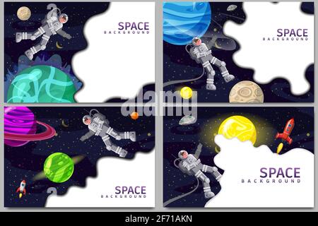 Set Space card backgrounds with spaceman, rocket, UFO, sun, stars. Austronaut panoramic space templates. Banners, vector, isolated cartoon flat style Stock Vector