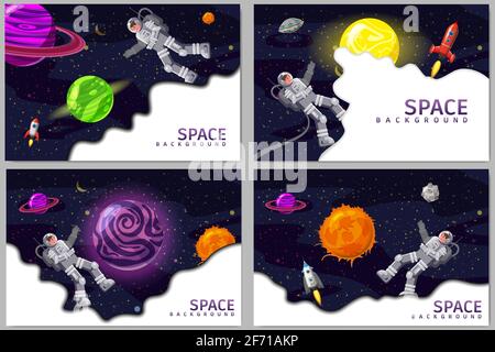 Set Space card backgrounds with spaceman, rocket, UFO, sun, stars. Austronaut panoramic space templates. Banners, vector, isolated cartoon flat style Stock Vector