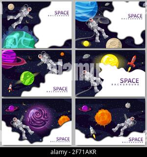 Set Space card backgrounds with spaceman, rocket, UFO, sun, stars. Austronaut panoramic space templates. Banners, vector, isolated cartoon flat style Stock Vector