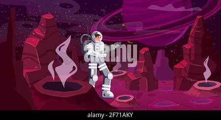 Astronaut exploring alien planet. Cosmonaut scientific traveler character on a rocky surface in far galaxy. Cartoon flat style vector illustration Stock Vector