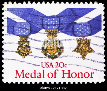 MOSCOW, RUSSIA - JANUARY 20, 2021: Postage stamp printed in United States shows Three Medals of Honor, serie, circa 1983 Stock Photo