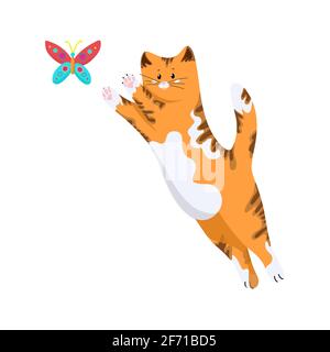 Red cat jumps for a colored butterfly, Cute cartoon character, Pet, group of vector objects isolated on a white background, hand draw. Stock Vector