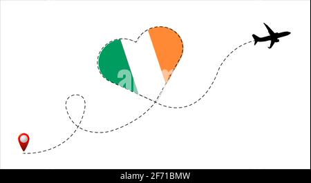 Airplane flight route with the Ireland flag inside the heart. Travel to your beloved country. Vector flat illustration. Stock Vector