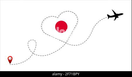 Airplane flight route with the Japan flag inside the heart. Travel to your beloved country. Vector flat illustration. Stock Vector