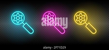 zoom, setting vector icon yellow, pink, blue neon set. Tools vector icon on dark transparency background Stock Vector