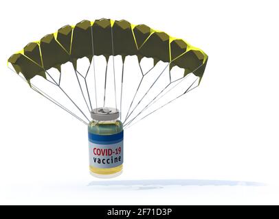 vaccine bottle that is landing with parachute, vaccination espress concepts 3d illustration Stock Photo