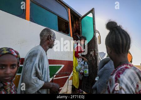 Ethiopian refugees migrated to Sudan and live in refugee camp Stock Photo