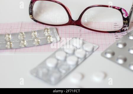 Cardiogram results on paper and pills, heart health. Stock Photo