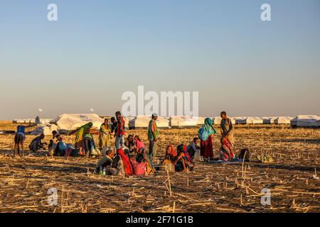 Ethiopian refugees migrated to Sudan and live in refugee camp Stock Photo