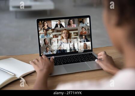 Female worker have webcam digital virtual talk on laptop Stock Photo