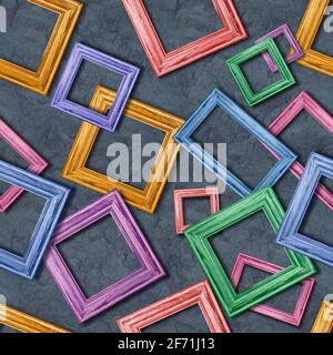 Colored frames are scattered on a black table. Seamless pattern of multicolored blank photo frames on a black slate table. Stock Photo