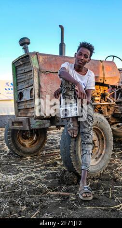 Ethiopian refugees migrated to Sudan and live in refugee camp Stock Photo