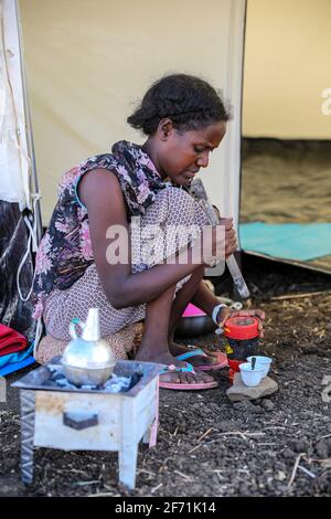 Ethiopian refugees migrated to Sudan and live in refugee camp Stock Photo