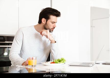 Focused handsome man using laptop while having breakfast at home kitchen Stock Photo