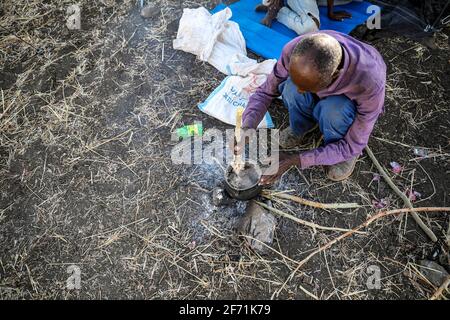 Ethiopian refugees migrated to Sudan and live in refugee camp Stock Photo