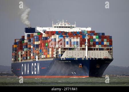 Container Ship,box,boat,CMA CGM,Zheng He,The Solent,Southampton,Dock,Cowes,Isle of Wight,England,UK, Stock Photo