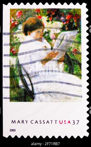 MOSCOW, RUSSIA - JANUARY 20, 2021: Postage stamp printed in United States shows On a Balcony, by Mary Cassatt, serie, circa 2003 Stock Photo