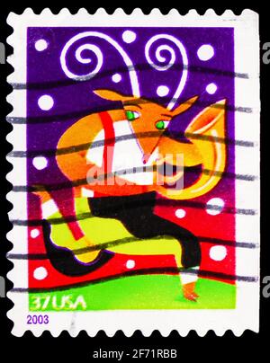 MOSCOW, RUSSIA - JANUARY 20, 2021: Postage stamp printed in United States shows Reindeer with Horn, Christmas serie, circa 2003 Stock Photo