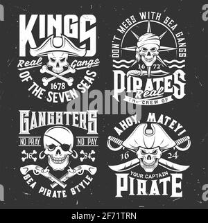 Tshirt print with pirate skull in cocked hat and crossed sabers with chain.  Vector mascot apparel T shirt design with typography surrender the booty  Stock Vector Image & Art - Alamy