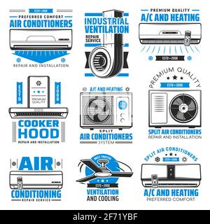 Air conditioning, heating and cooking hood icons Stock Vector