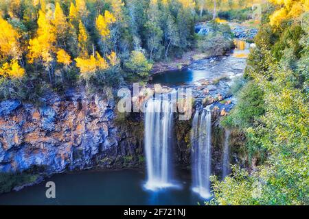 Cascade of Dangar falls waterfall flowing down through lava basalt plateau in Dorrigo National park of Australia seen from elevated lookout at sunrise Stock Photo