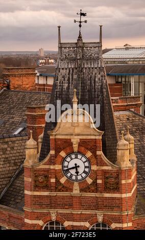 The clock tower on the Redmayne and Todd building Nottingham City, captured from the roof of the new Broadmarsh Car Park, Nottinghamshire England UK Stock Photo