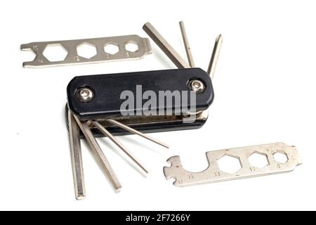 Bicycle multi-function tool with keys and screwdrivers. Stock Photo