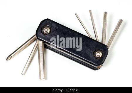 Bicycle multi-function tool with keys and screwdrivers. Stock Photo