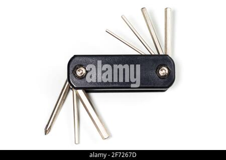Bicycle multi-function tool with keys and screwdrivers. Stock Photo