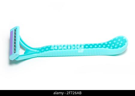 Cyan disposable razors isolated on white background. Stock Photo