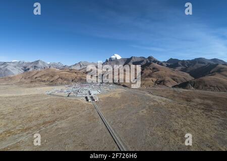 Aerial photo of Mount Kailash and its nearby towns Stock Photo