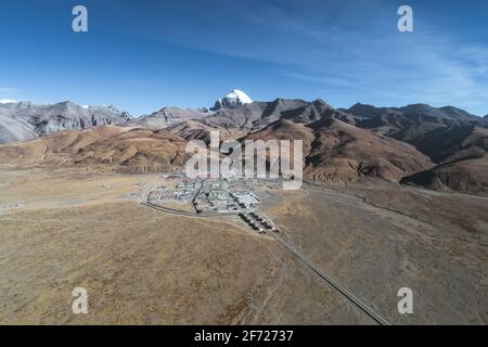 Aerial photo of Mount Kailash and its nearby towns Stock Photo