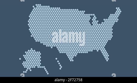 Dark blue hexagonal pixel map of USA. Vector illustration United States hexagon map dotted mosaic. America administrative border, land composition. Stock Vector