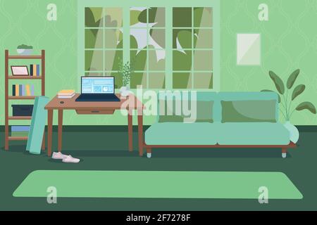 Home office with gym equipment flat color vector illustration Stock Vector