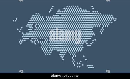 Dark blue hexagonal pixel map of Eurasia. Vector illustration Eurasian continent hexagon map dotted mosaic. Administrative border, land composition. Stock Vector