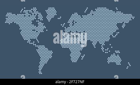 Dark blue hexagonal pixel world map. Vector illustration planet Earth continents hexagon map dotted mosaic. Administrative border, land composition. Stock Vector