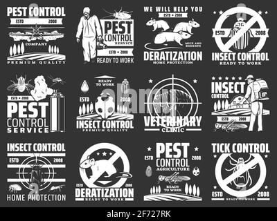 Pest control, disinsection company service icons Stock Vector