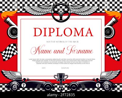 Race winner diploma certificate with racing flag background frame ...