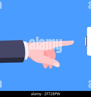 Male hand pushes doorbell button flat style design vector illustration isolated on blue background. Finger touches door bell switch button to ring. Stock Vector