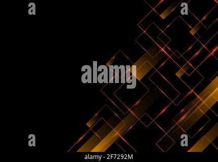 Abstract geometric red glossy square and stripes with glow light on black background technology concept. Vector illustration Stock Vector