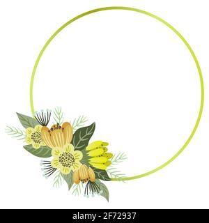 Vector floral frame, cute hand drawn bouquet of flowers with golden circle frame, isolated on white Stock Vector