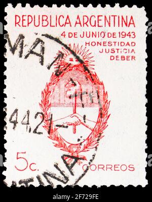 MOSCOW, RUSSIA - FEBRUARY 28, 2021: Postage stamp printed in Argentina shows Arms of Argentina, Military coup of June 4th, 1943 serie, circa 1943 Stock Photo